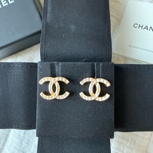 CHANEL Gold and White CC Logo Enamel Stud Earrings
